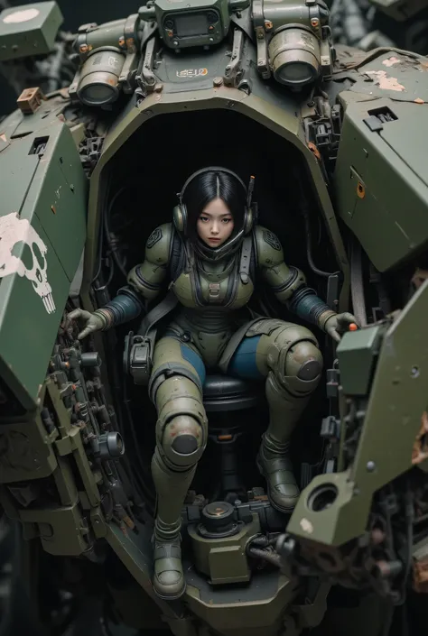 8k,Realistic Skin Texture、Superrealism、Realistic Photo、Near-future軍所属の日系女性パイロットが大型ロボットのコックピットに乗っている、Damaged moss green battle armor robot、Skull mark painted on armor、Near-future、Painting of the unit and identification number、Peeling paint、Oil stains、Detai...