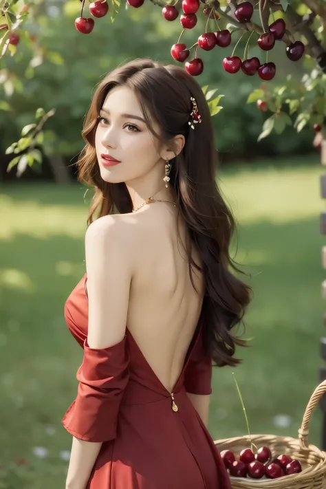 (((best quality))),(((ultra detailed))),(((masterpiece))),illustration,1 beautiful girl,solo,earrings,necklace,medium straight hair,slim,red dress,summer,(cherry orchard full of red cherries:1.3),sunlight,dappled light,fair skin,smile,(ripest cherries on t...