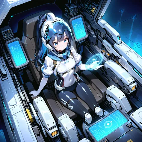(( holographic glossy effect)),(masterpiece、top quality、highest resolution、 clear _ images、 Detailed Details 、 The angle is from above ): (solo、one girl、the face of Japan、high ponytail、Dark Blue Haired Girl 、small breasts in Mbini、(perfect body:1.4)、 spark...