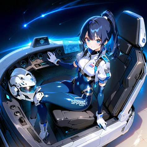(( holographic glossy effect)),(masterpiece、top quality、highest resolution、 clear _ images、 Detailed Details 、 The angle is from above ): (solo、one girl、the face of Japan、high ponytail、Dark Blue Haired Girl 、small breasts in Mbini、(perfect body:1.4)、 spark...