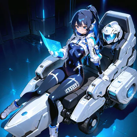 (( holographic glossy effect)),(masterpiece、top quality、highest resolution、 clear _ images、 Detailed Details 、 The angle is from above ): (solo、one girl、the face of Japan、high ponytail、Dark Blue Haired Girl 、small breasts in Mbini、(perfect body:1.4)、 spark...