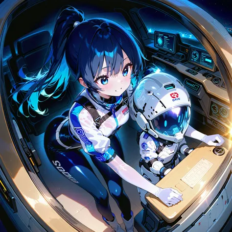 (( holographic glossy effect)),(masterpiece、top quality、highest resolution、 clear _ images、 Detailed Details 、 The angle is from above ): (solo、one girl、the face of Japan、high ponytail、Dark Blue Haired Girl 、small breasts in Mbini、(perfect body:1.4)、 spark...