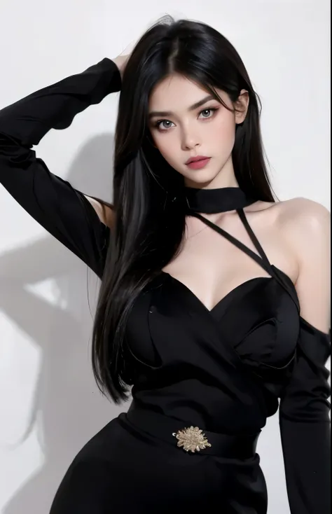 (lifelike,high resolution:1.3), A slim girl, The face shape and eyes are super delicate,(black hair),red glossy lips,(beautiful face), (best quality), (Super detailed), (Extremely detailed CG unified 8K wallpaper),((Black sexy evening wear)),(White backgro...
