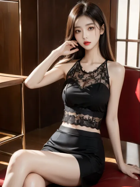 Korean female fashion model, Chrome clothes, Openwork clothes, black lace dress, sit on chair, slim toned body, Attractive pose, Flirting skirts, Shoot at random angles, best qualtiy, tmasterpiece, 超高分辨率, rich details​, delicated face, Extremely beautiful ...