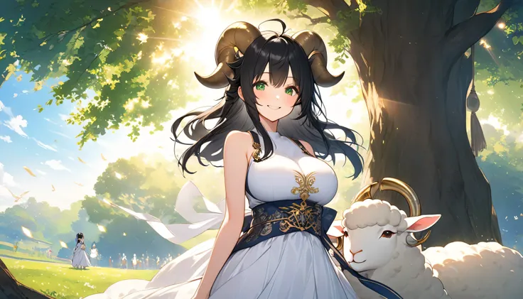 ((Make the background bigger:1.3)),((upper body:1.1)),(Above the waist), (1 girl), (standing) (black hair:1.2),( Smile),(Big Breasts:1.1) The background is under a large tree with deep fresh green,,blue sky,Sun,Overall mysterious,beauty, A scene with an ov...