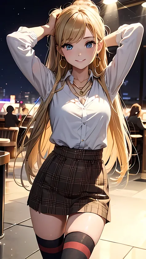 masterpiece, ultra high definition 、 of the best quality 、 Sexy Poses 、 Dim Night Bar Background 、 blondes、 I tie my hair at the back :1.2, blue eyes, smile、 tilt your neck 、 large gold earrings and necklace :1.5,、 Model Walks 、 with Sparkling Flowers 、...