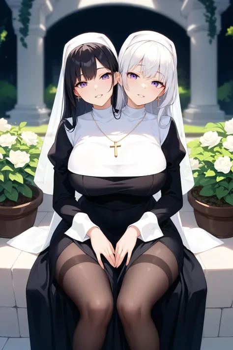 conjoined, 2girls, 2heads, two heads, a tall thin girls with 2 heads, white hair, black hair, purple eyes, large breasts, front shots, white nun clothes, pelvic curtain, black dress, long sleeves, cross necklace, garden, black veil, sitting