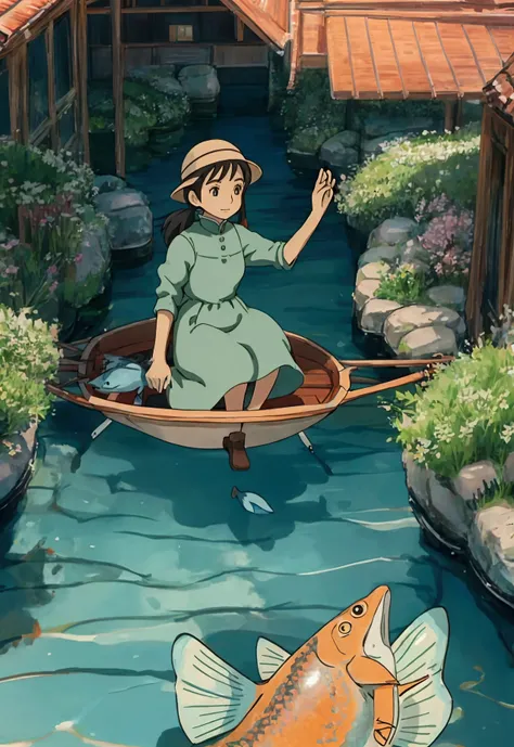 Ghibli In the water Girl riding on a fish surrounded by fish