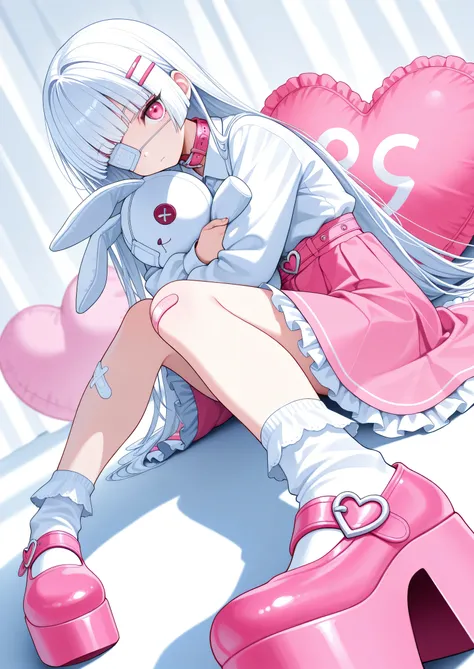 general, 1girl, solo, hime cut, hairclip, eyepatch, medical eyepatch, white hair, pink eyes, long hair, expressionless, bandaid on leg, pink skirt, pink collar, white collared shirt, frilled skirt, heart-shaped buckle, looking at viewer, platform shoes, pi...