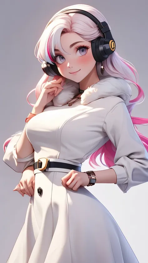 (1 girl, Alone, Masterpiece, 4k, Best Quality:1.2, (cowboy shot), Best Quality:1.2, good hands, showy, (perfect hands, perfect anatomy)),
utaop, headphones,blush, White dress, fur over one, red and white hair, multicolor fur, High average,
((medium breas...