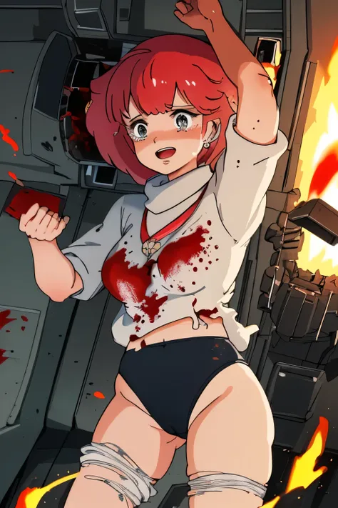 cockpit_explosion, fire, electricity,  explosion, science fiction, wide-eyed, tearing clothes, standing, blood, sweat, mecha, torn clothes,smile, tears, cockpit,1girl、wearing black gymnastics bloomers,high leg,white blouse,cowboy shot,self wedgie,bloomers ...