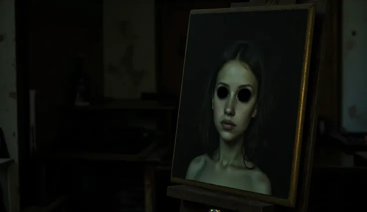 dark, shabby workshop, filled with silence. The focus is on a portrait of a girl on an old easel. The camera slowly approaches, capturing frightening details: face seems alive, , the skin is realistically drawn, but instead of eyes, two deep, black voids. ...