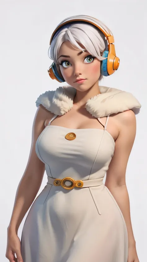(1 girl, Alone, Masterpiece, 4k, Best Quality:1.2, (cowboy shot), Best Quality:1.2, good hands, showy, (perfect hands, perfect anatomy)),
utaop, headphones,blush, White dress, fur over one, red and white hair, multicolor fur, High average,
((medium breas...