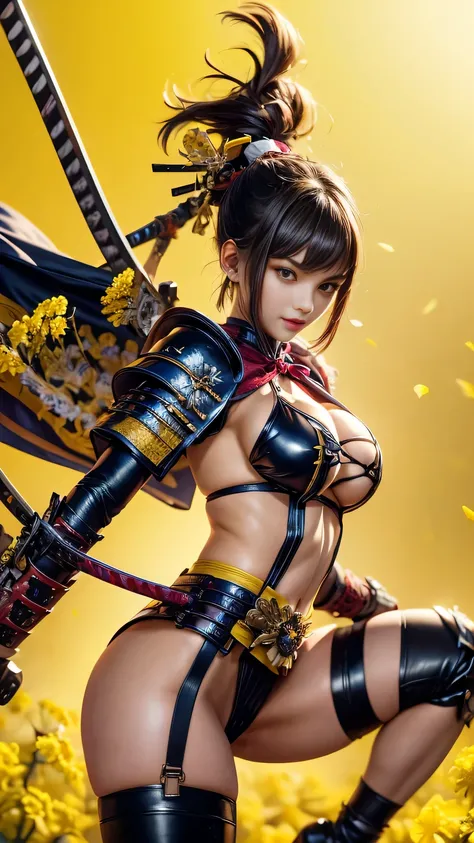 young woman,Oiran,warrior,(wielding a huge_weapon:1.3), very detailedな, realist,(seductive smile),(from front:1.6),(battle pose:1.8), Brilliant Appearance ,extremely detailed, Imaginative,sensual ,of the best quality, skin texture,(Short hair:1.8),(black ...