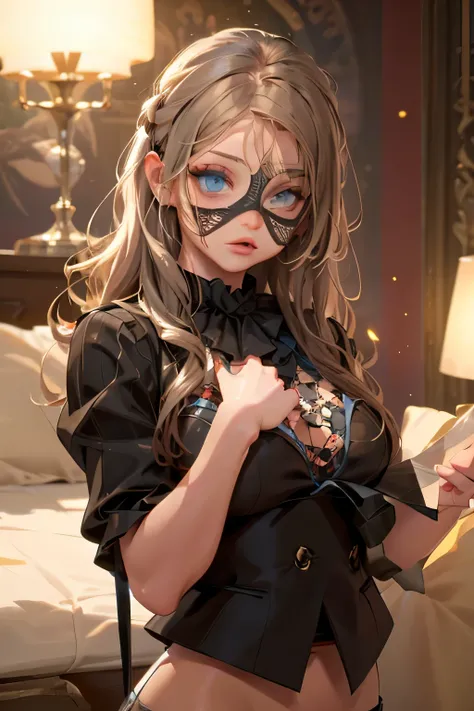 Beautiful brown-haired girl . 29 ren . Blue eyes  .  chest size 4  . She stands naked in the bedroom . Carnival mask on her face . 