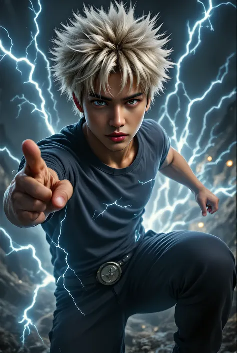 A dynamic anime wallpaper featuring Killua Zoldyck from Hunter x Hunter in a high-energy action pose. Killua is depicted with his trademark electric aura, showcasing his speed and agility. He is in mid-motion, with lightning crackling around him and a dete...