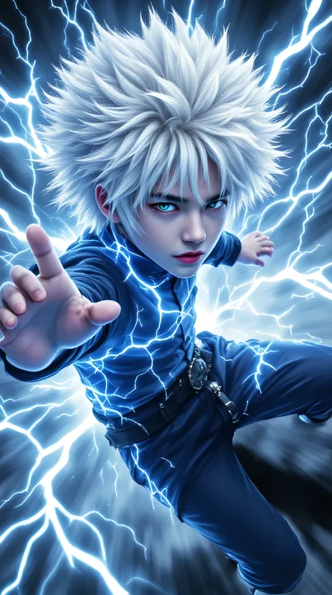 A dynamic anime wallpaper featuring Killua Zoldyck from Hunter x Hunter in a high-energy action pose. Killua is depicted with his trademark electric aura, showcasing his speed and agility. He is in mid-motion, with lightning crackling around him and a dete...