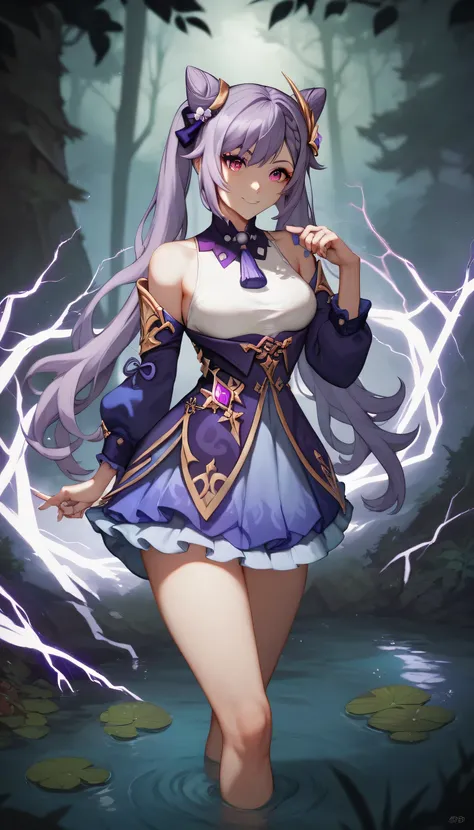 Anime Keqing her old is 20 from genshin Impact is stand at night in horror dark forest near by river Wearing it sexy cute street clothes the clothes. Shoulder exposed 4k with purple electrical out from her body and purple lightning in the sky