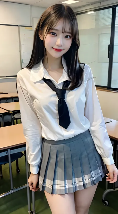 ( Beautiful Girl、cute face、 medium hair、 stares at viewers :1.3)、of the best quality,8K image、 full body、 stretching all the way to the ground、happy、natural makeup、 moisturizing strip、white skin、( straight hair , strongly blurred white...