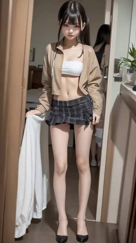 photorealistic:1.32、of the best quality、ultra high definition、(((The most beautiful  girl in the world)))、Japanese、(((beltbra, bandeau, 細いmicro top:1.2))), ((micro skirt))、(ponytail)、 (( jacket that widens your crotch))、(detailed hands:1.3, small right han...