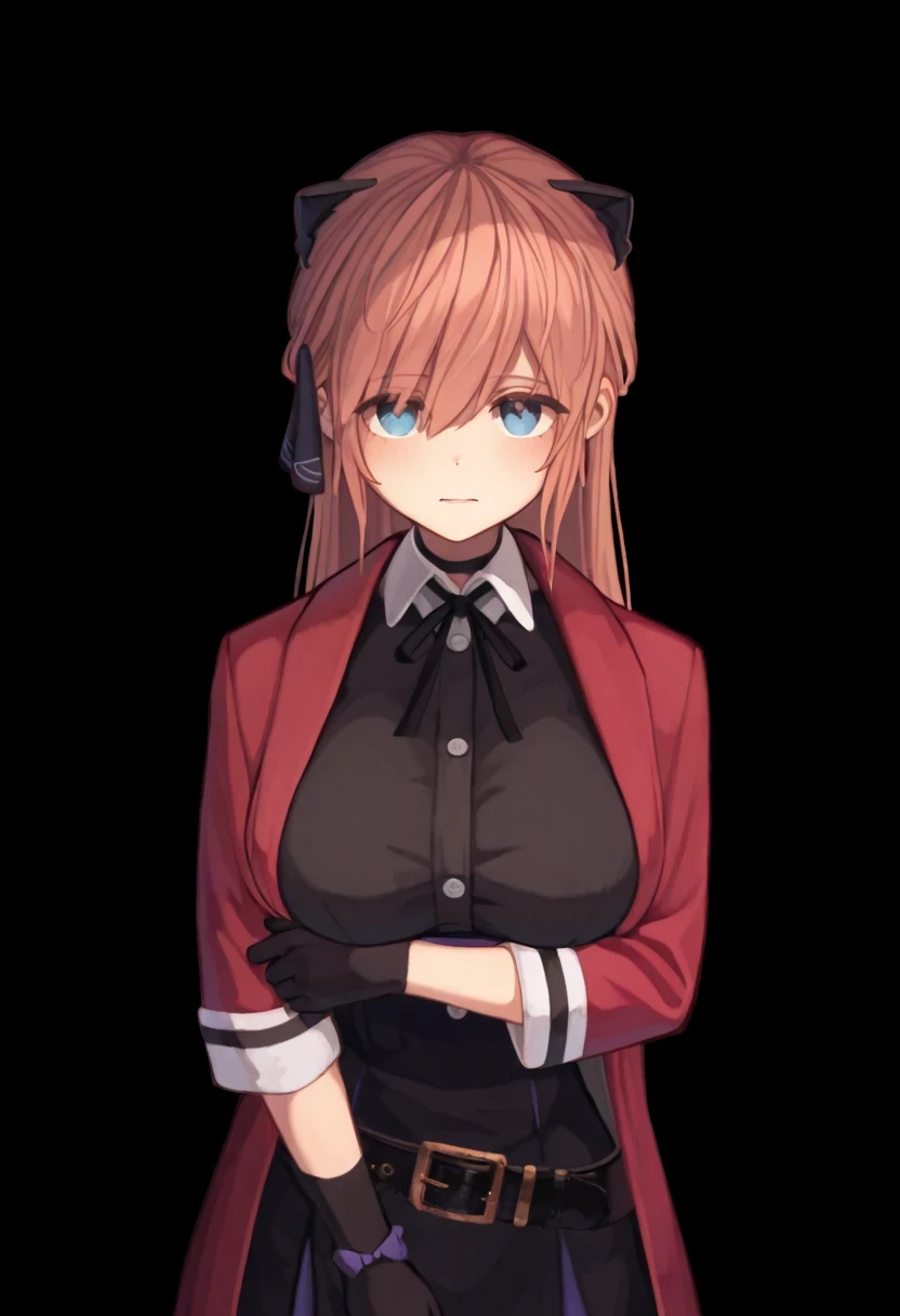best quality,hyper-detailed,1girl,solo,front view,eyes look at viewer,Vivi, beautiful face,Calm face,medium breast,blue eyes,Uniformed,red Coat,black glove,Body upright,standing,Transparent black background,Blank background,