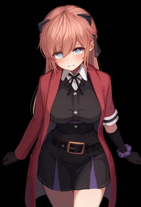 best quality,hyper-detailed,1girl,solo,front view,eyes look at viewer,Vivi, beautiful face,shy face,Rolling eyes,medium breast,blue eyes,Uniformed,red Coat,black glove,Body upright,standing,Transparent black background,Blank background,