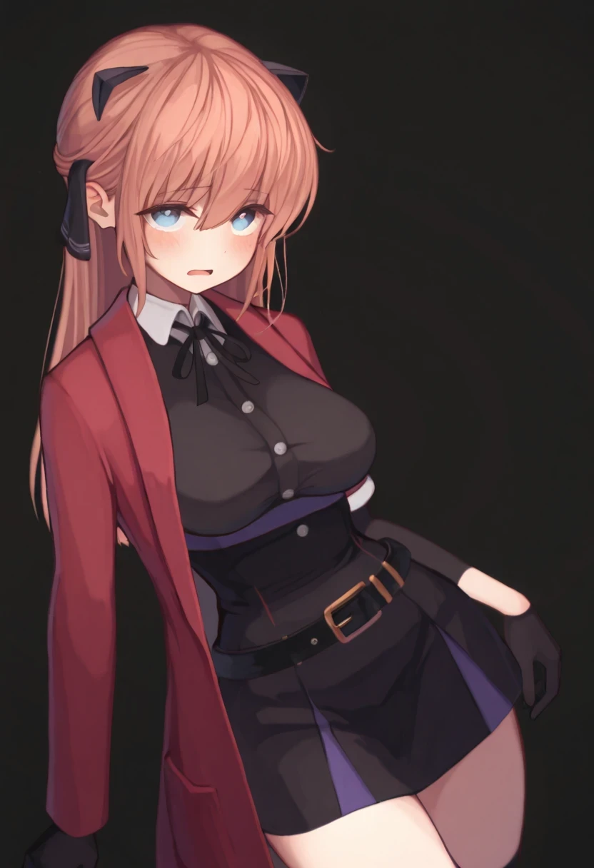 best quality,hyper-detailed,1girl,solo,front view,eyes look at viewer,Vivi, beautiful face,shy face open mouth,Rolling eyes,medium breast,blue eyes,Uniformed,red Coat,black glove,Body upright,standing,Transparent black background,Blank background,