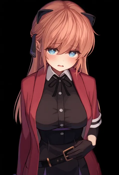 best quality,hyper-detailed,1girl,solo,front view,eyes look at viewer,Vivi, beautiful face,shy face open mouth,medium breast,blue eyes,Uniformed,red Coat,black glove,Body upright,standing,Transparent black background,Blank background,