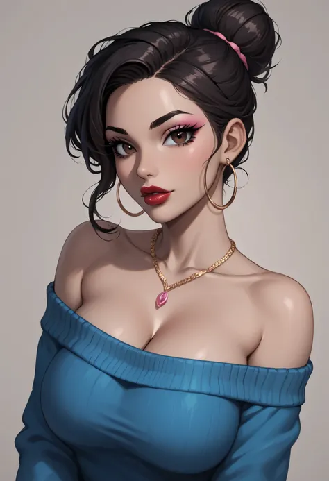 ((Perfect Face)), Black Hair, ((Hair Bun)), Black Eyebrows, Thin Eyebrows, Dark Brown Eyes, (Pink Eyeshadows), Black Eyeliners, Erring Hoop, Nose, Thick Lips, Red Lips, Lips Parted, Collarbone, Cleavage, Large Breasts, Off-Shoulders Sweater, Blue Sweater, ...