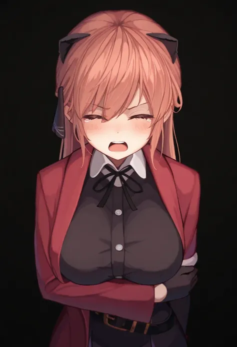 best quality,hyper-detailed,1girl,solo,front view,eyes look at viewer,Vivi, beautiful face,blush face,open mouth,medium breast,close eyes,angry,Tears,Uniformed,red Coat,black glove,Body upright,standing,Transparent black background,Blank background,
