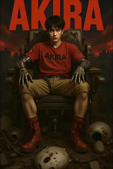 a poster of the anime Akira, featuring Tetsuo sitting on top of a chair made of rubble and metal, in front of an overgrown, dilapidated city with giant letters " Akira" in red on it. He is wearing cyberpunk and has mechanical limbs, surrounded by various m...