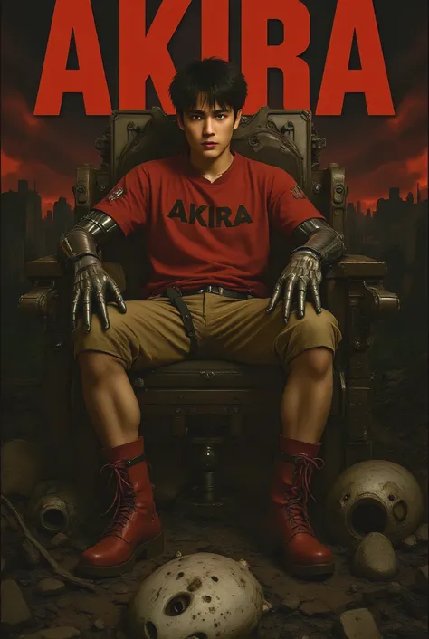a poster of the anime Akira, featuring Tetsuo sitting on top of a chair made of rubble and metal, in front of an overgrown, dilapidated city with giant letters " Akira" in red on it. He is wearing cyberpunk and has mechanical limbs, surrounded by various m...