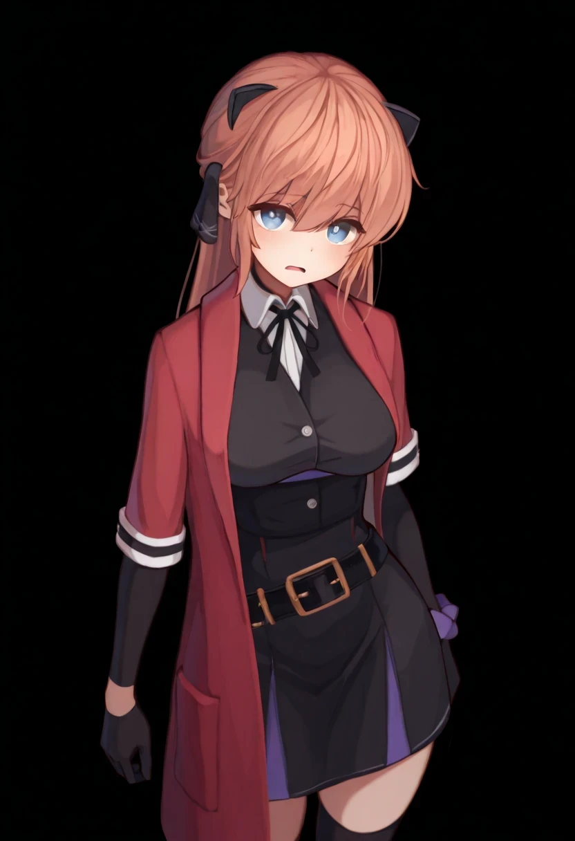 best quality,hyper-detailed,1girl,solo,Oblique view,eyes look at viewer,Vivi, beautiful face,shock face,small o mouth,medium breast,blue eyes,Uniformed,red Coat,black glove,Body upright,standing,Transparent black background,Blank background,