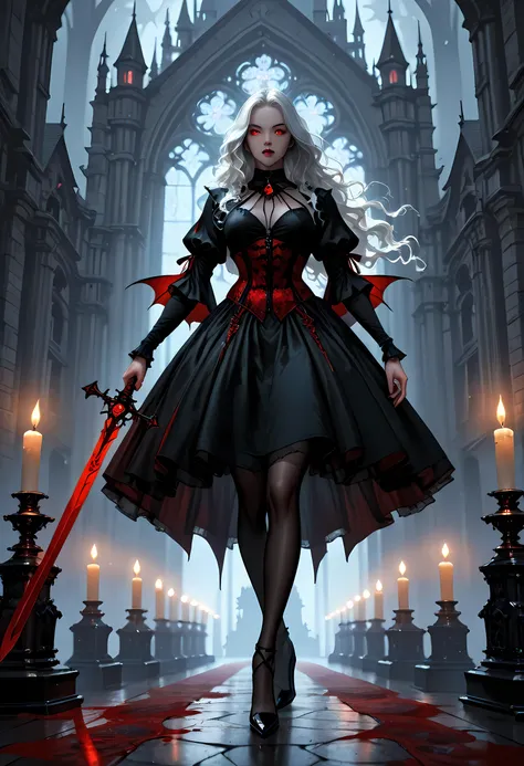 portrait of olo female vampire, ultra feminine, full body, busty woman, most beautiful face, glowing red eyes, long hair, wavy hair, wearing red silk corset, black stockings, wearing intricate high heels, in her castle, holding a dark sword, model shot of ...