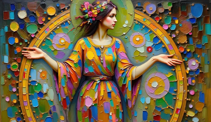 a painting of a woman with a colorful dress and a flower crown, psychedelic goddess, colorful art nouveau, psychedelic art nouveau, intricate beautiful painting, mucha klimt, in an art nouveau style, in art nouveau style, gustav klimt style, style of gusta...