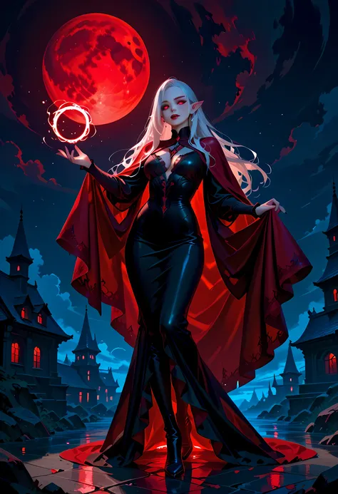 portrait of a female vampire, elf, ultra feminine, wizard, with a long curvy hair, light color hair, scarlet  eyes, ((beautiful delicate face)), Ultra Detailed Face,  [[vampiric fangs 1.5]] red cloak, flowing cloak , wearing an intricate (black: 1.2) dress...