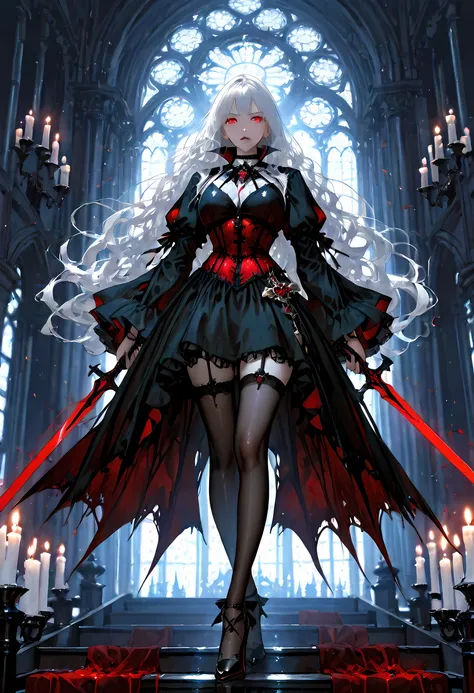 portrait of olo female vampire, ultra feminine, full body, busty woman, most beautiful face, glowing red eyes, long hair, wavy hair, wearing red silk corset, black stockings, wearing intricate high heels, in her castle, holding a dark sword, model shot of ...