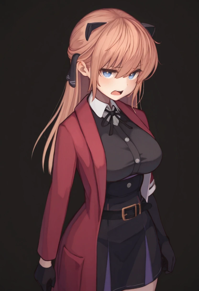 best quality,hyper-detailed,1girl,solo,Oblique view,eyes look at viewer,Vivi, beautiful face,Extremely angry eyes,open mouth,medium breast,blue eyes,Uniformed,red Coat,black glove,Body upright,standing,Transparent black background,Blank background,
