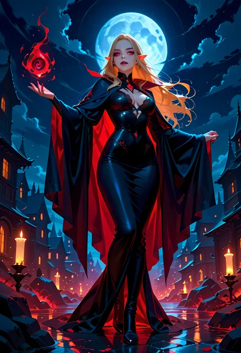 portrait of a female vampire, elf, ultra feminine, wizard, with a long curvy hair, blond hair, scarlet  eyes, ((beautiful delicate face)), Ultra Detailed Face,  [[vampiric fangs 1.5]] blue cloak, flowing cloak , wearing an intricate (black: 1.2) dress , hi...