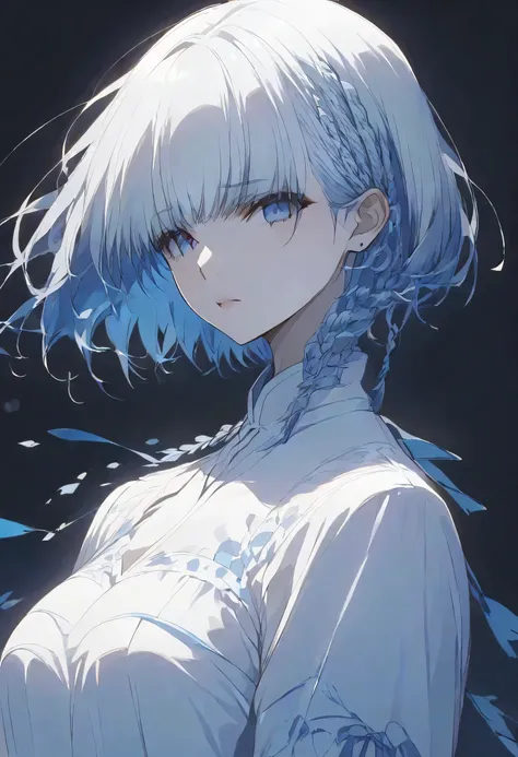 真夜中,negative,beta,straight hair,short hair, blue 瞳, braid, grey hair,solo,black background,大きな目,