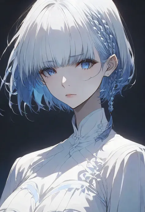 真夜中,negative,beta,straight hair,short hair, blue 瞳, braid, grey hair,solo,black background,大きな目,