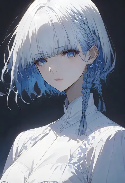 真夜中,negative,beta,straight hair,short hair, blue 瞳, braid, grey hair,solo,black background,大きな目,