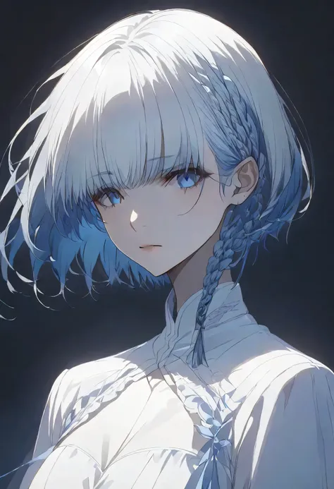 真夜中,negative,beta,straight hair,short hair, blue 瞳, braid, grey hair,solo,black background,大きな目,
