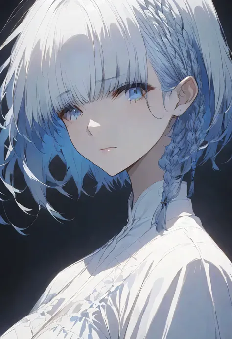 真夜中,negative,beta,straight hair,short hair, blue 瞳, braid, grey hair,solo,black background,大きな目,