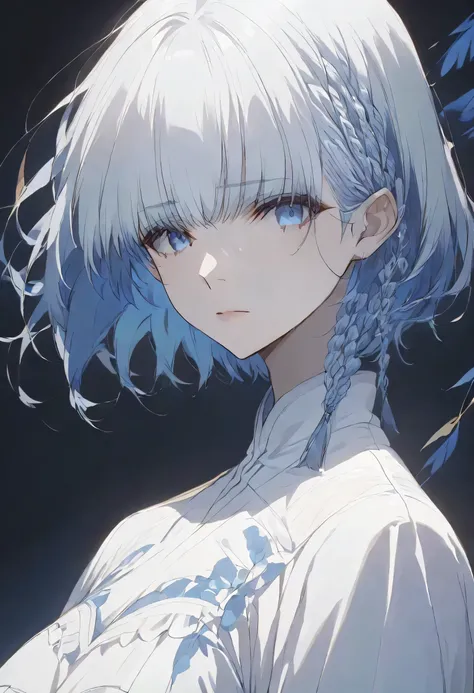 真夜中,negative,beta,straight hair,short hair, blue 瞳, braid, grey hair,solo,black background,大きな目,