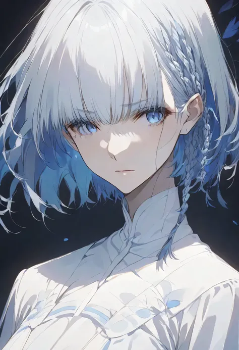真夜中,negative,beta,straight hair,short hair, blue 瞳, braid, grey hair,solo,black background,大きな目,
