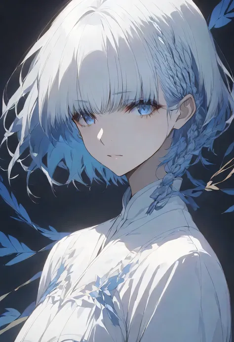 真夜中,negative,beta,straight hair,short hair, blue 瞳, braid, grey hair,solo,black background,大きな目,