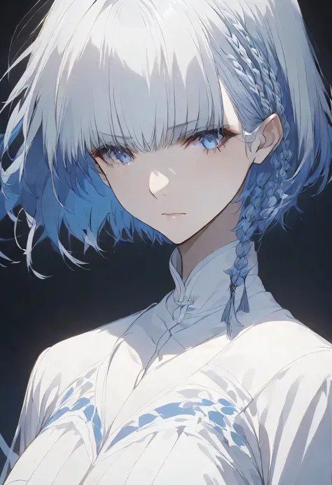 真夜中,negative,beta,straight hair,short hair, blue 瞳, braid, grey hair,solo,black background,大きな目,
