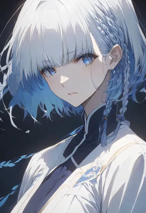 真夜中,negative,beta,straight hair,short hair, blue 瞳, braid, grey hair,solo,black background,大きな目,
