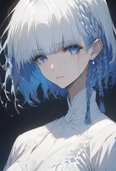 真夜中,negative,beta,straight hair,short hair, blue 瞳, braid, grey hair,solo,black background,大きな目,
